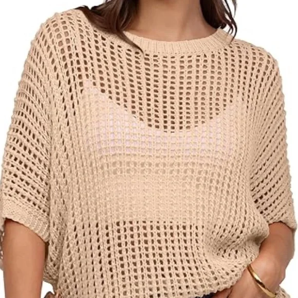 Crochet Short Sleeve Hollow Out Knit  Mesh Tunic Tops Sz XL Women - Picture 2 of 3